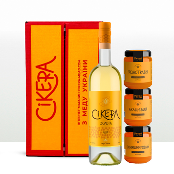 GIFT SET 1 bottle of SIKERA of your choice (GOLDEN or AGED or BLACK MULSUM) + a set of honey (Sunflower, Linden, Acacia) , СІКЕРА МЕДОВА ЗОЛОТА